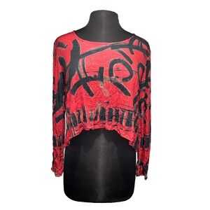 BY‎ JJ Asymmetric Top L Red Black Abstract Graffiti Print High Low Crinkle NWT